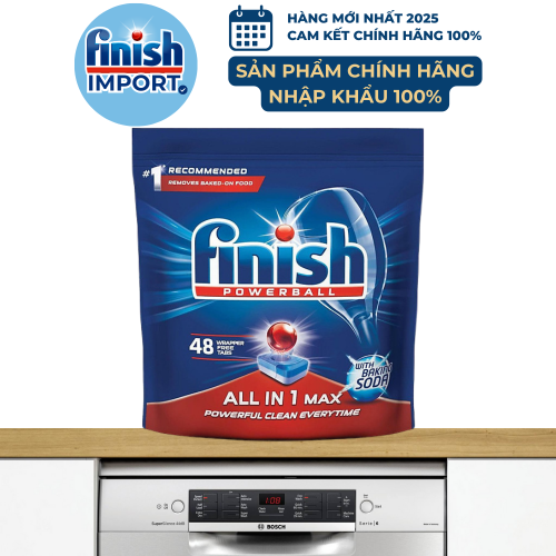 Túi 48 viên rửa chén Finish All in 1 Max – (10x tính năng Hương Baking Soda) – (Dành cho máy rửa chén 9-10-12-13 bộ trở xuống).